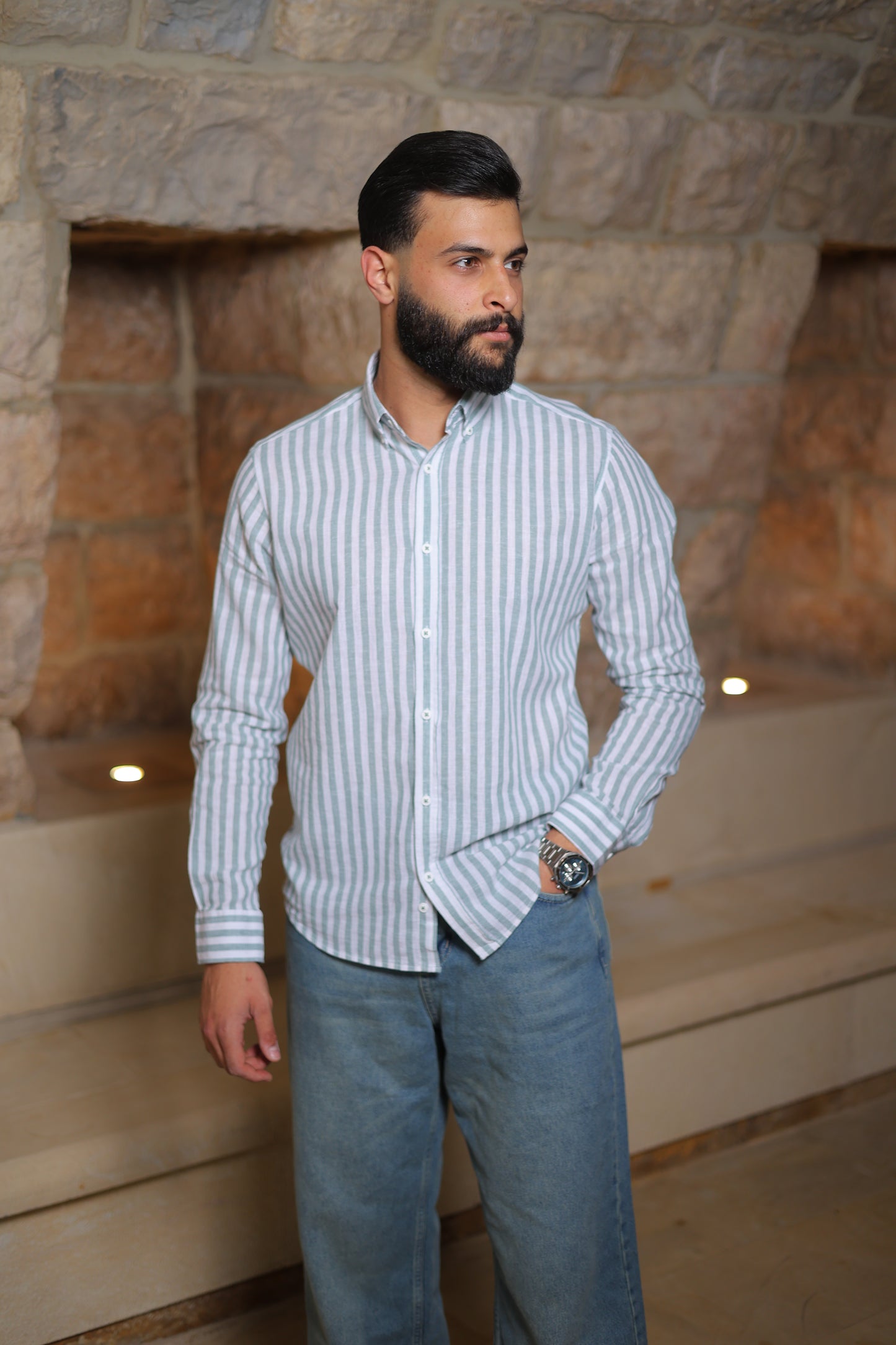 Vertical Stripe Linen Shirt - Slim Fit