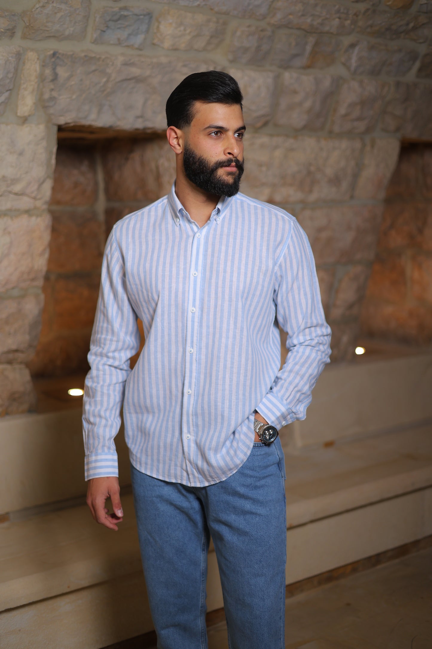 Vertical Stripe Linen Shirt - Slim Fit