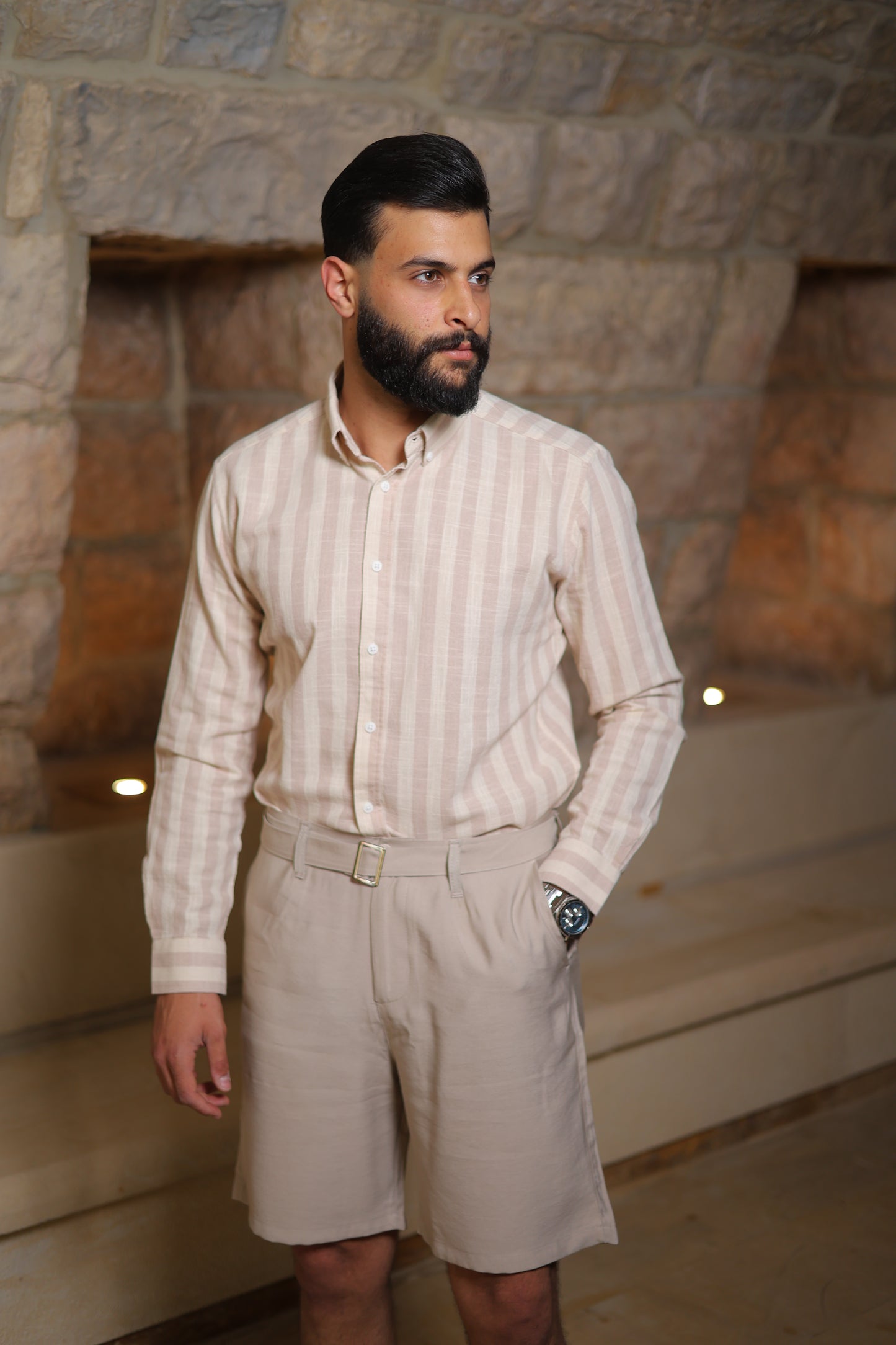 Stripped Long Sleeve Linen Shirt - Slim Fit