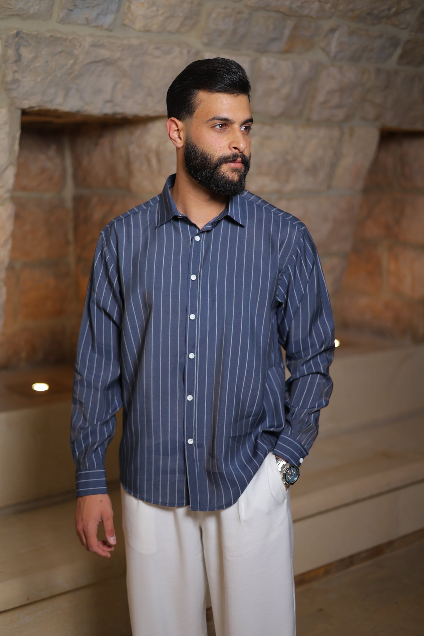 Vertical Stripe Cotton Shirt - Relaxed Fit