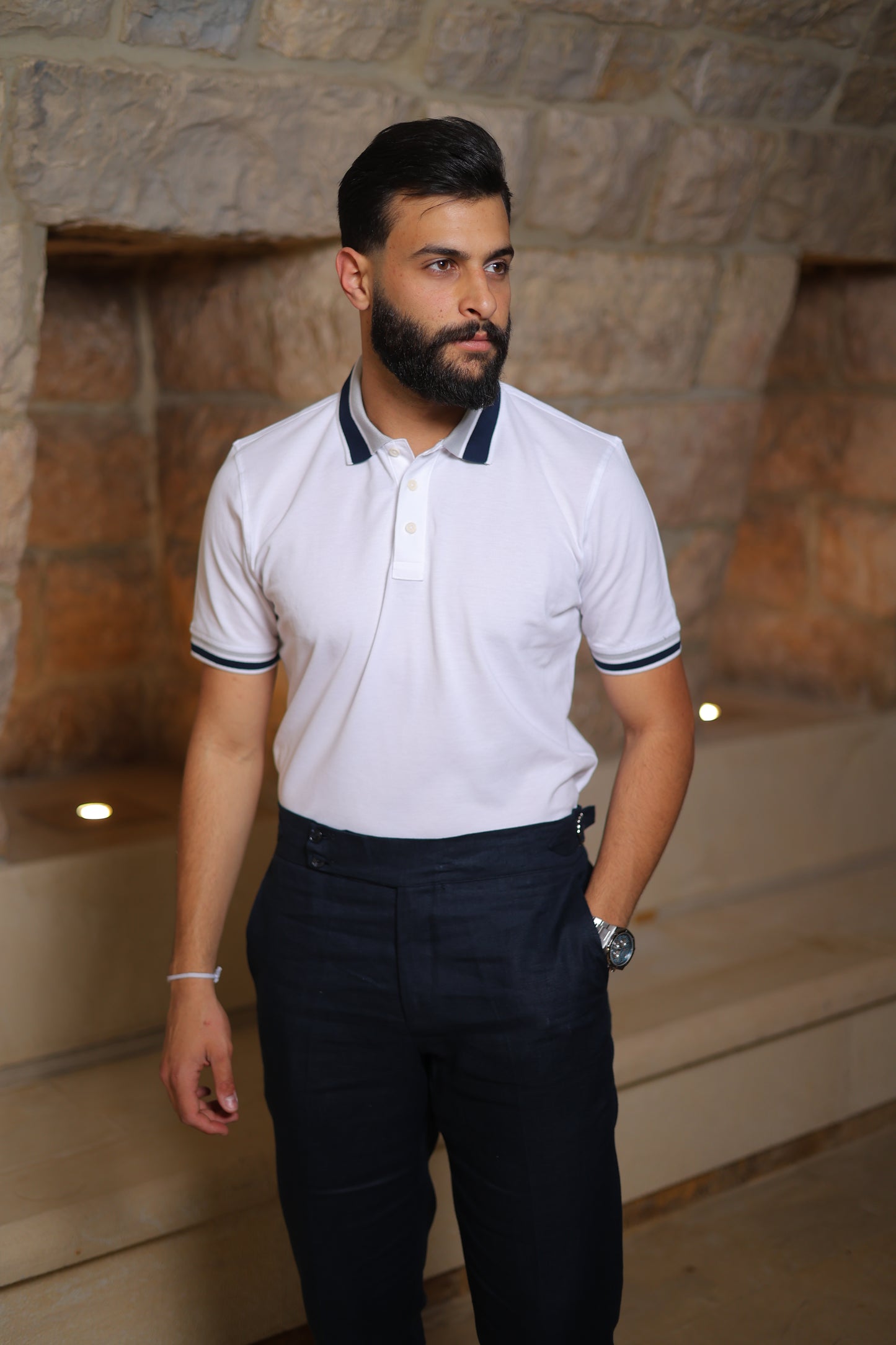 Placket Tripped Cotton Polo Shirt