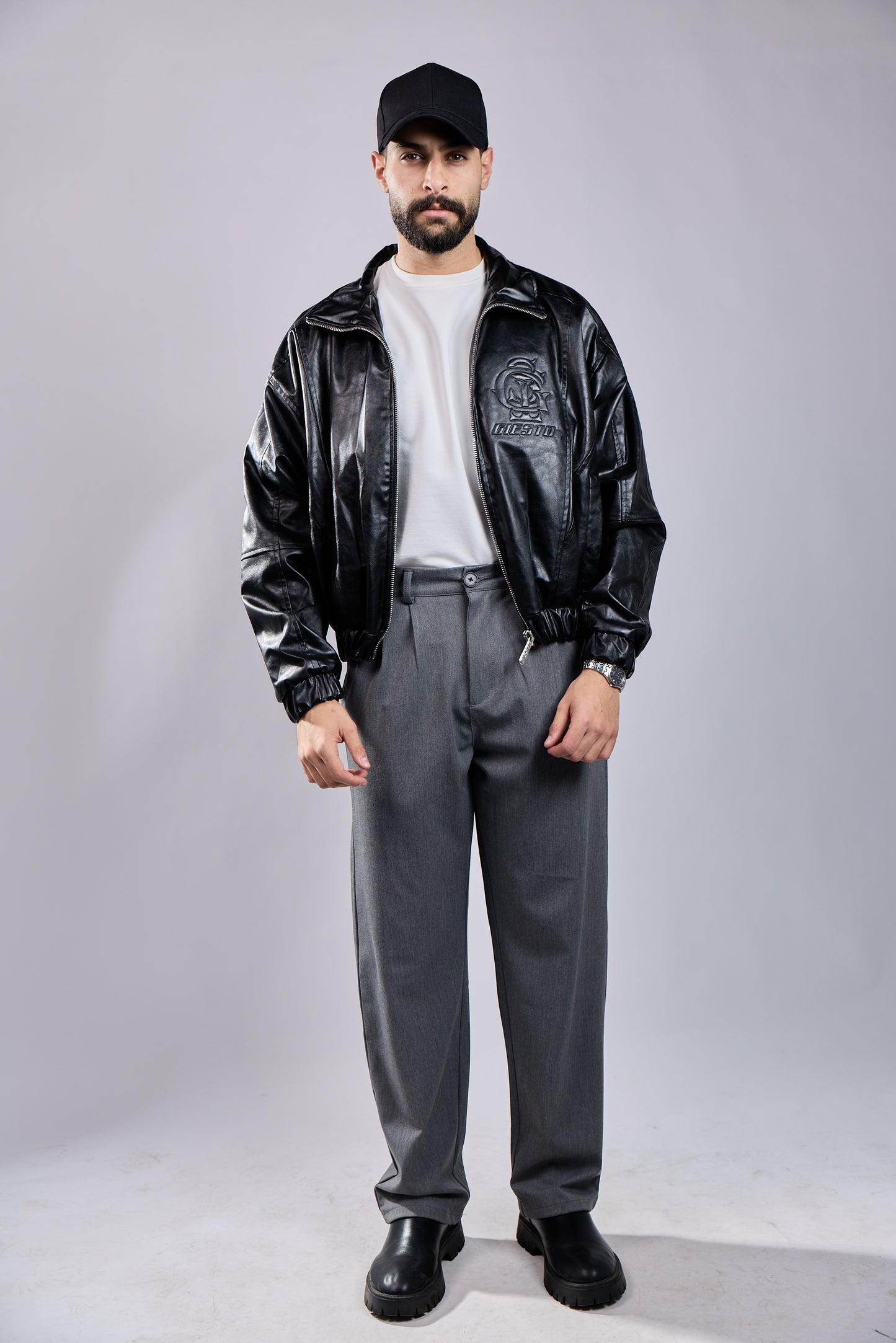 Black Faux Leather Bomber Jacket