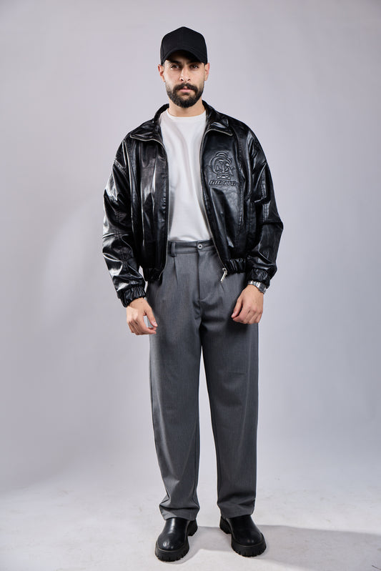 Black Faux Leather Bomber Jacket