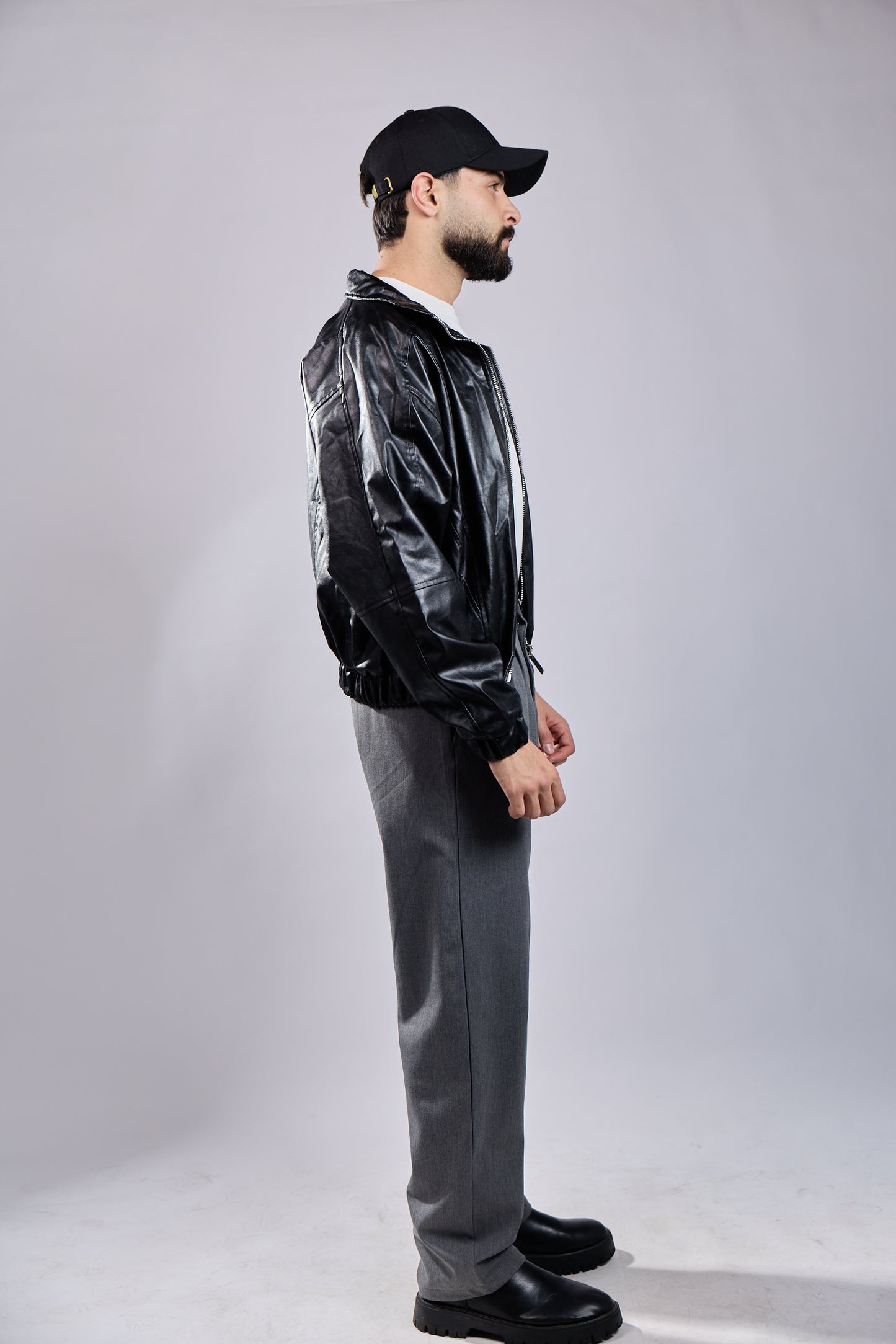 Black Faux Leather Bomber Jacket