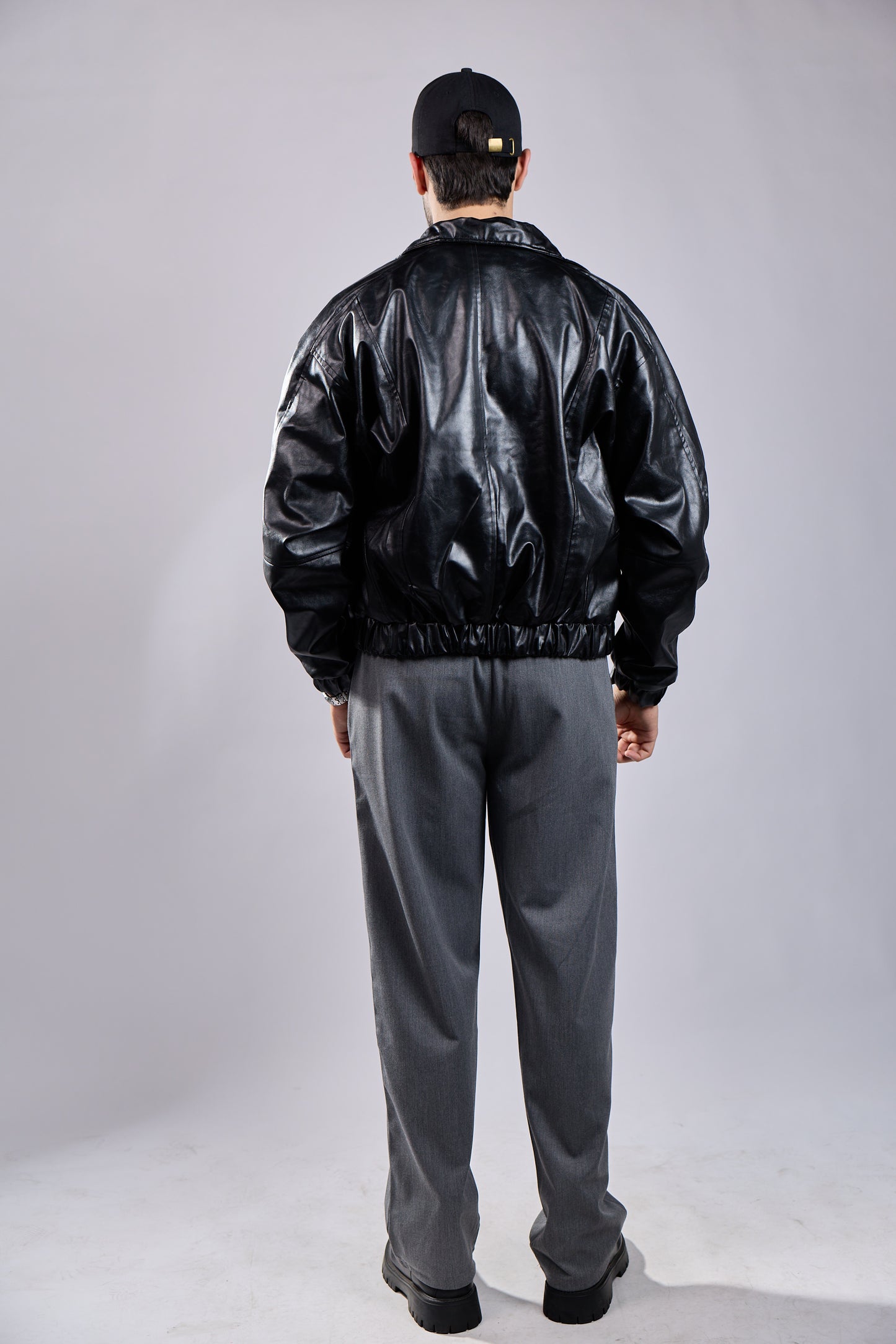 Black Faux Leather Bomber Jacket