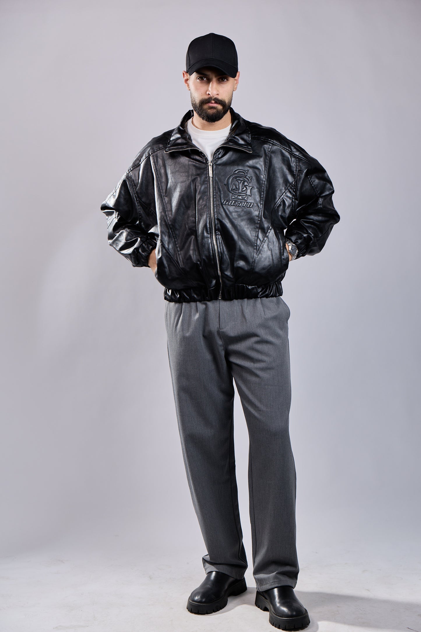 Black Faux Leather Bomber Jacket