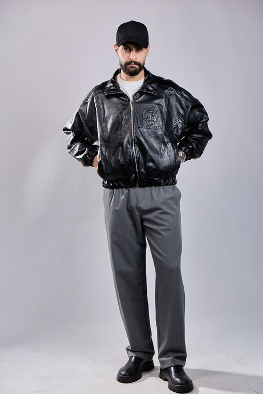 Black Faux Leather Bomber Jacket