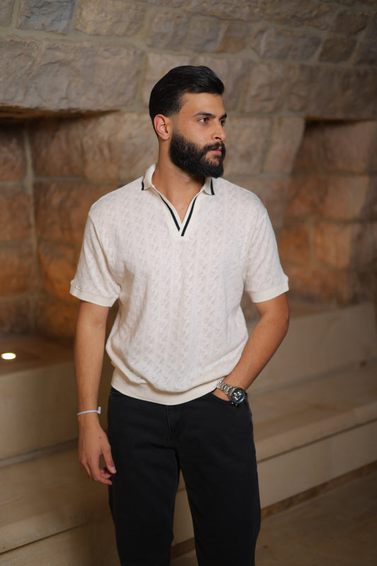Cream Open Collar Knitted Polo Shirt